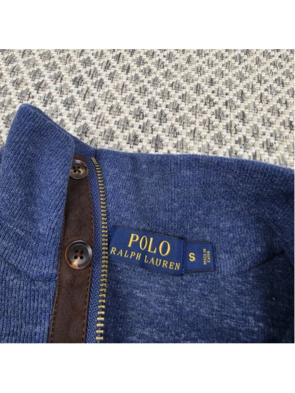 Polo Ralph Lauren Blue Shawl Collar Sweater Mens Small Leather Trim Cotton